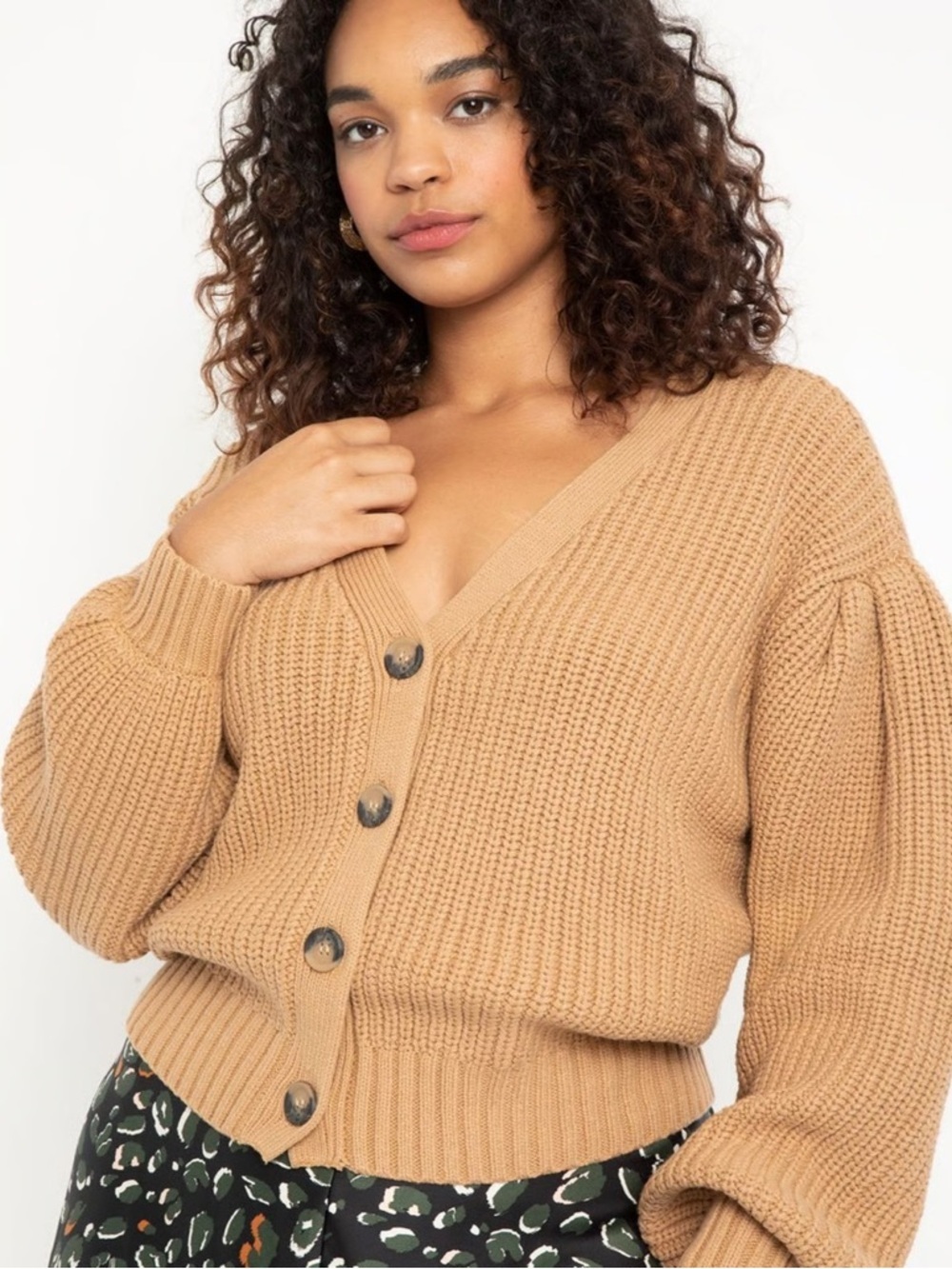 Eloquii Tan Chunky V-Neck Button Cardigan